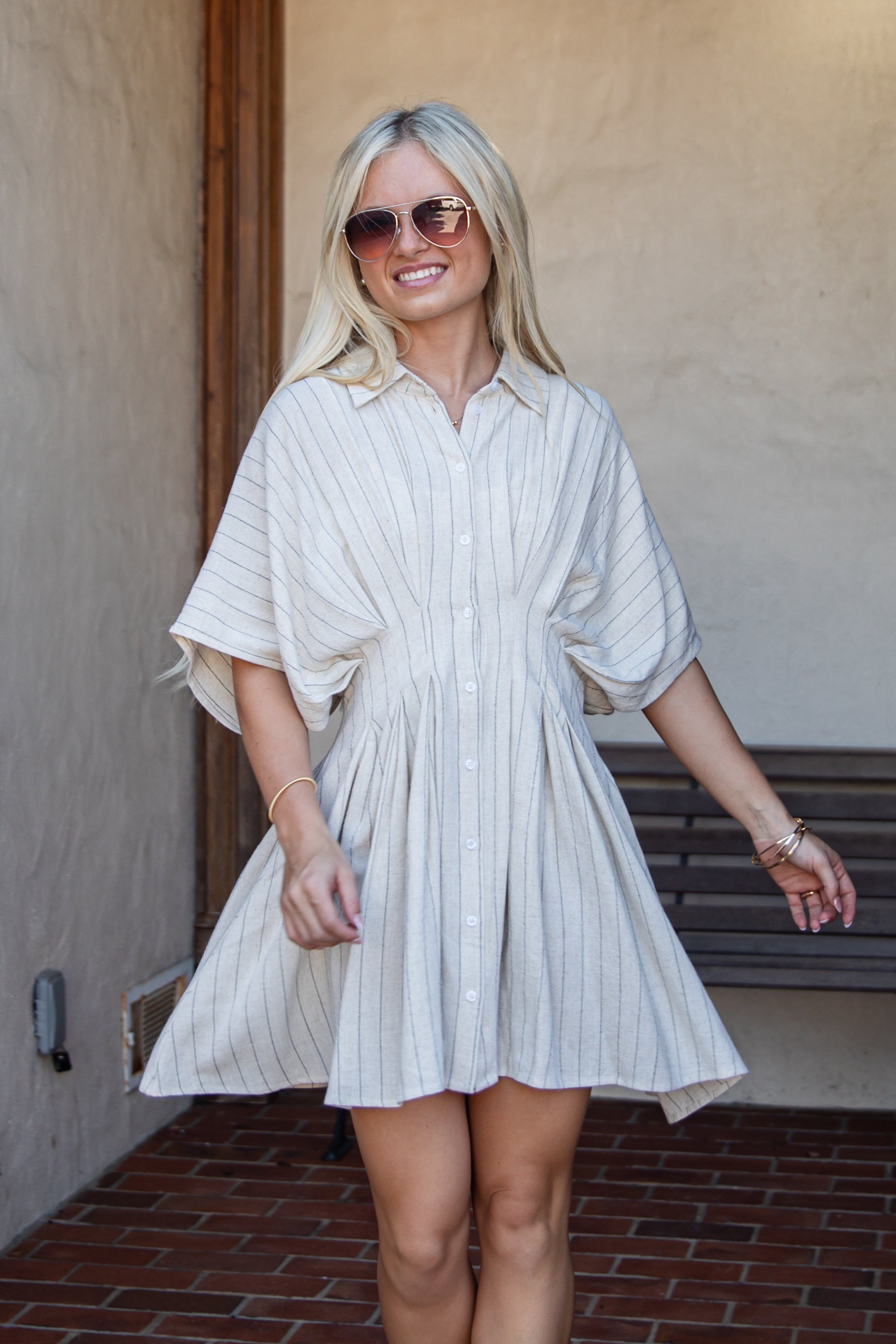 Natural Stripe Collared Button Front Mini Dress