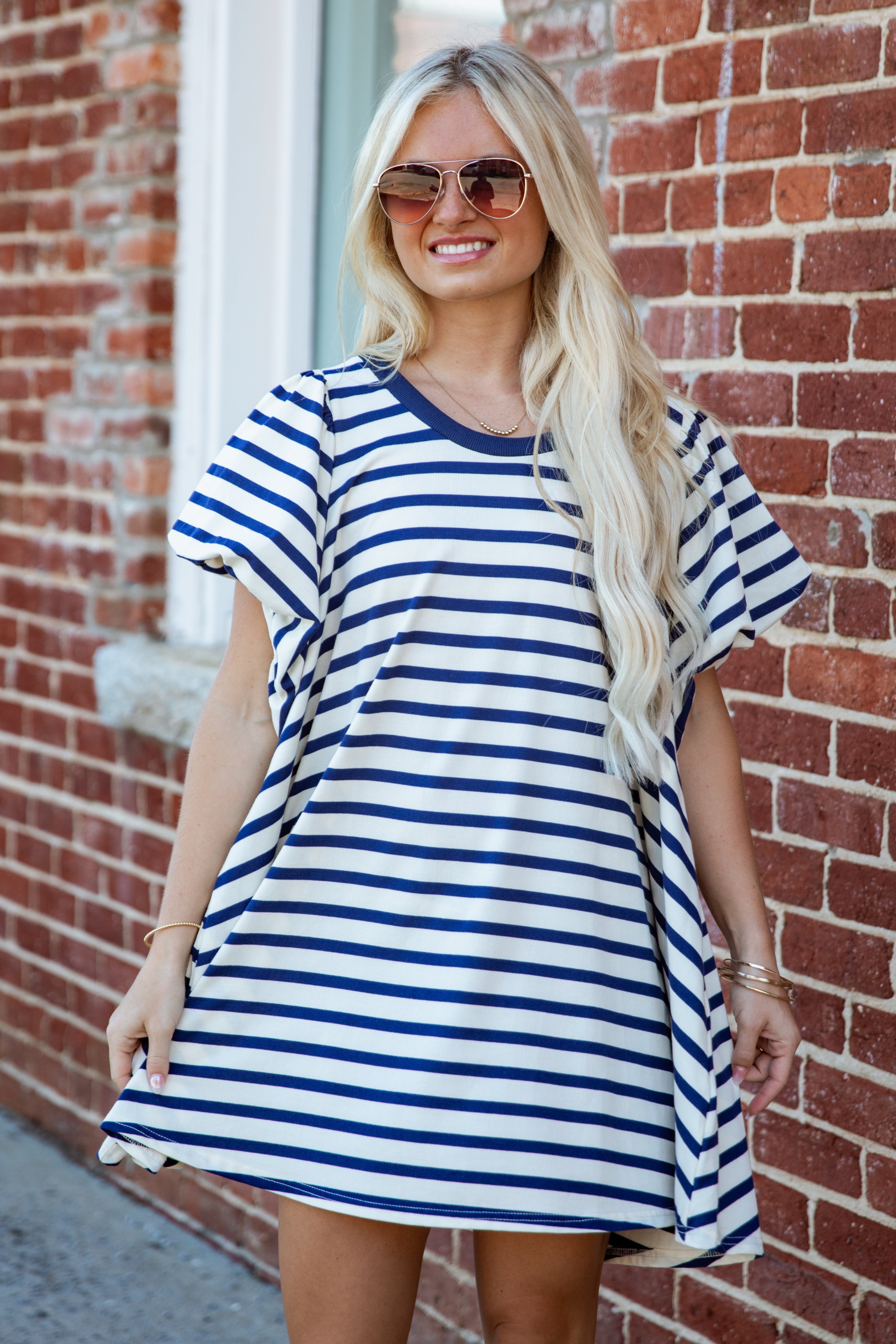 Striped Puff Sleeve Knit Mini Dress