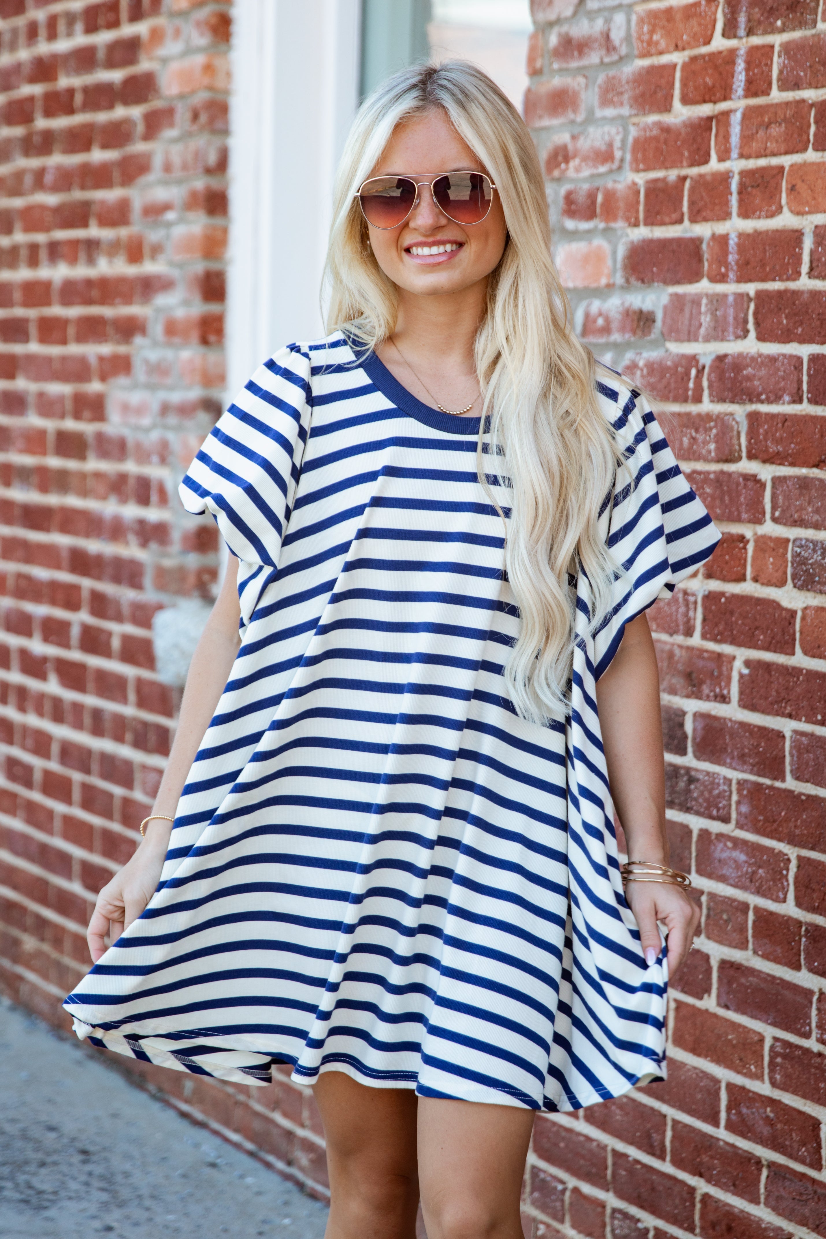 Striped Puff Sleeve Knit Mini Dress