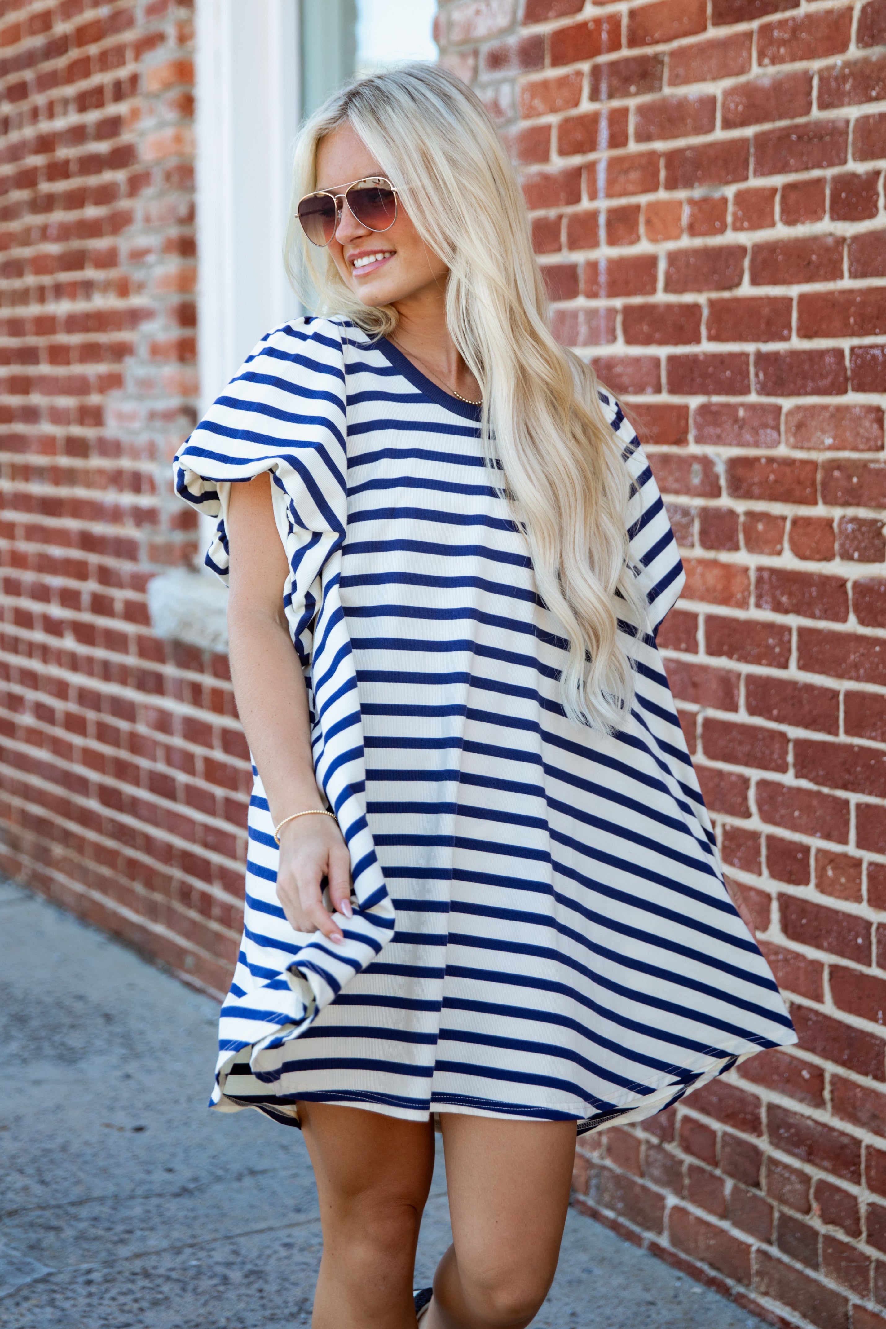 Striped Puff Sleeve Knit Mini Dress