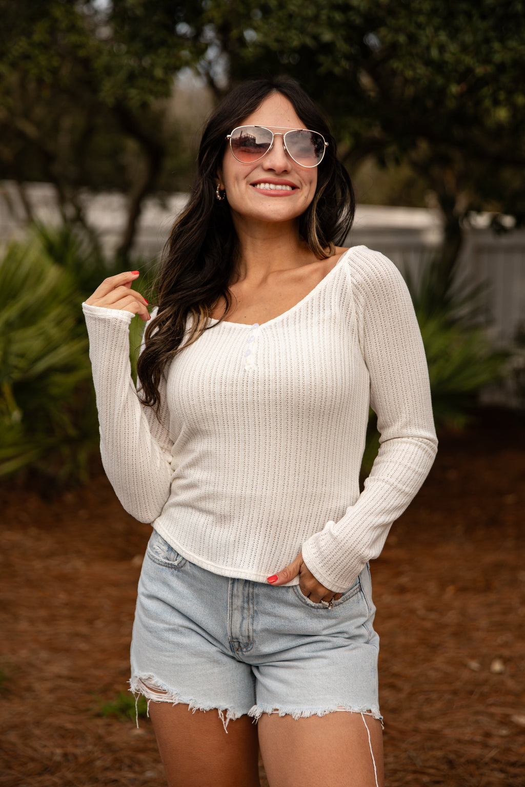 Ribbed Waffle Knit V-Neck Button Long Sleeve Crop Top
