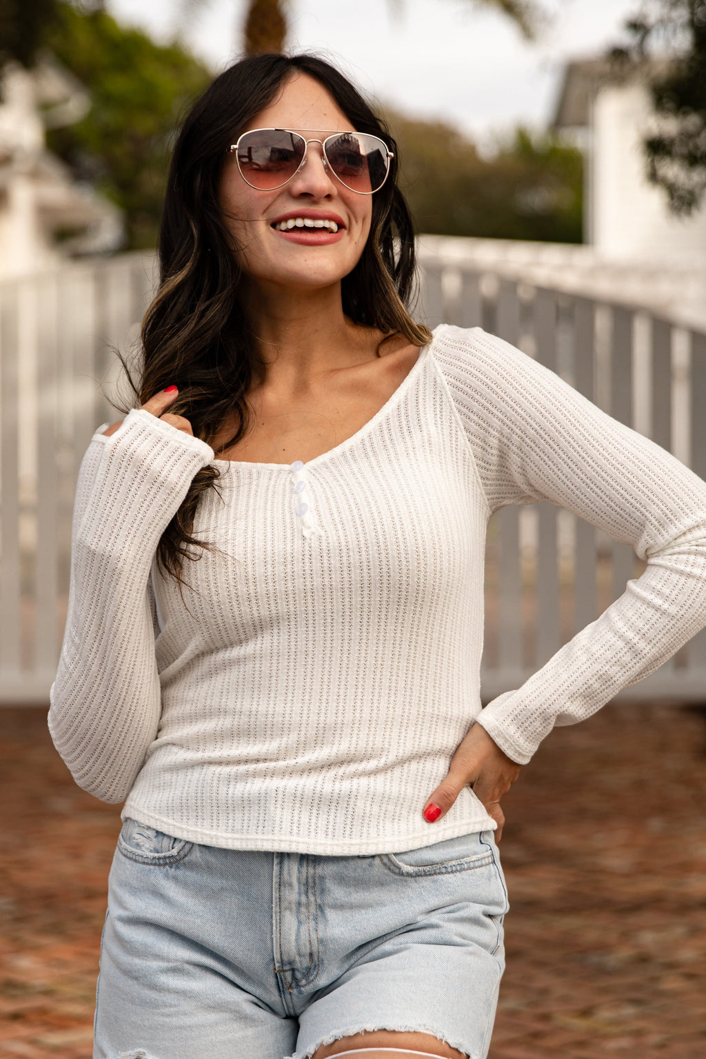Ribbed Waffle Knit V-Neck Button Long Sleeve Crop Top