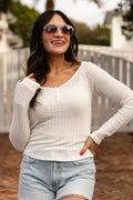 Ribbed Waffle Knit V-Neck Button Long Sleeve Crop Top