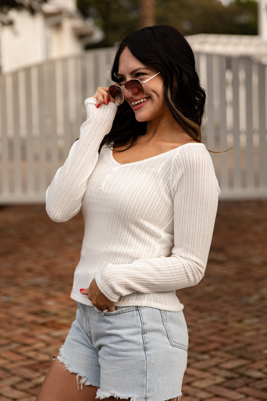 Ribbed Waffle Knit V-Neck Button Long Sleeve Crop Top