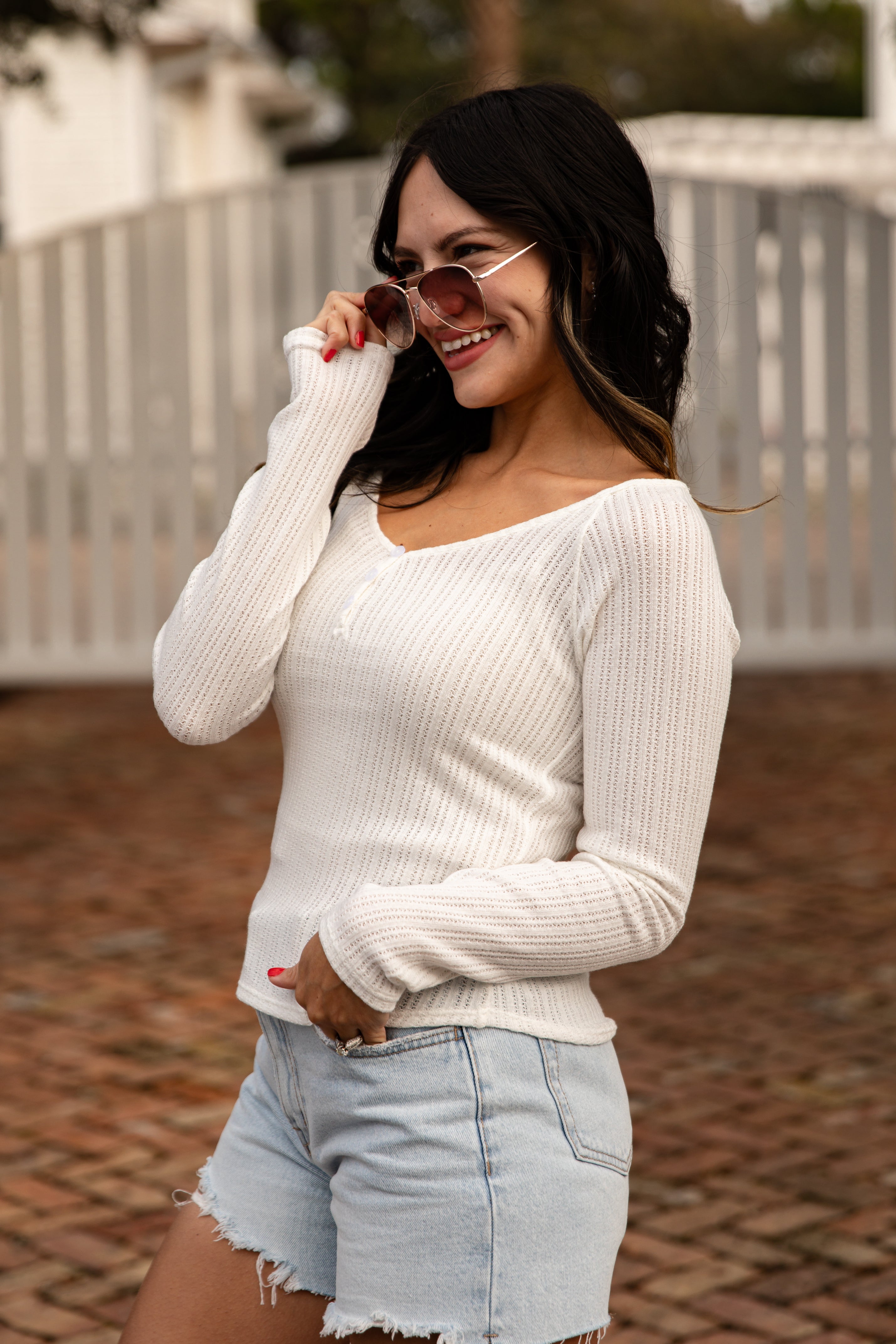 Ribbed Waffle Knit V-Neck Button Long Sleeve Crop Top
