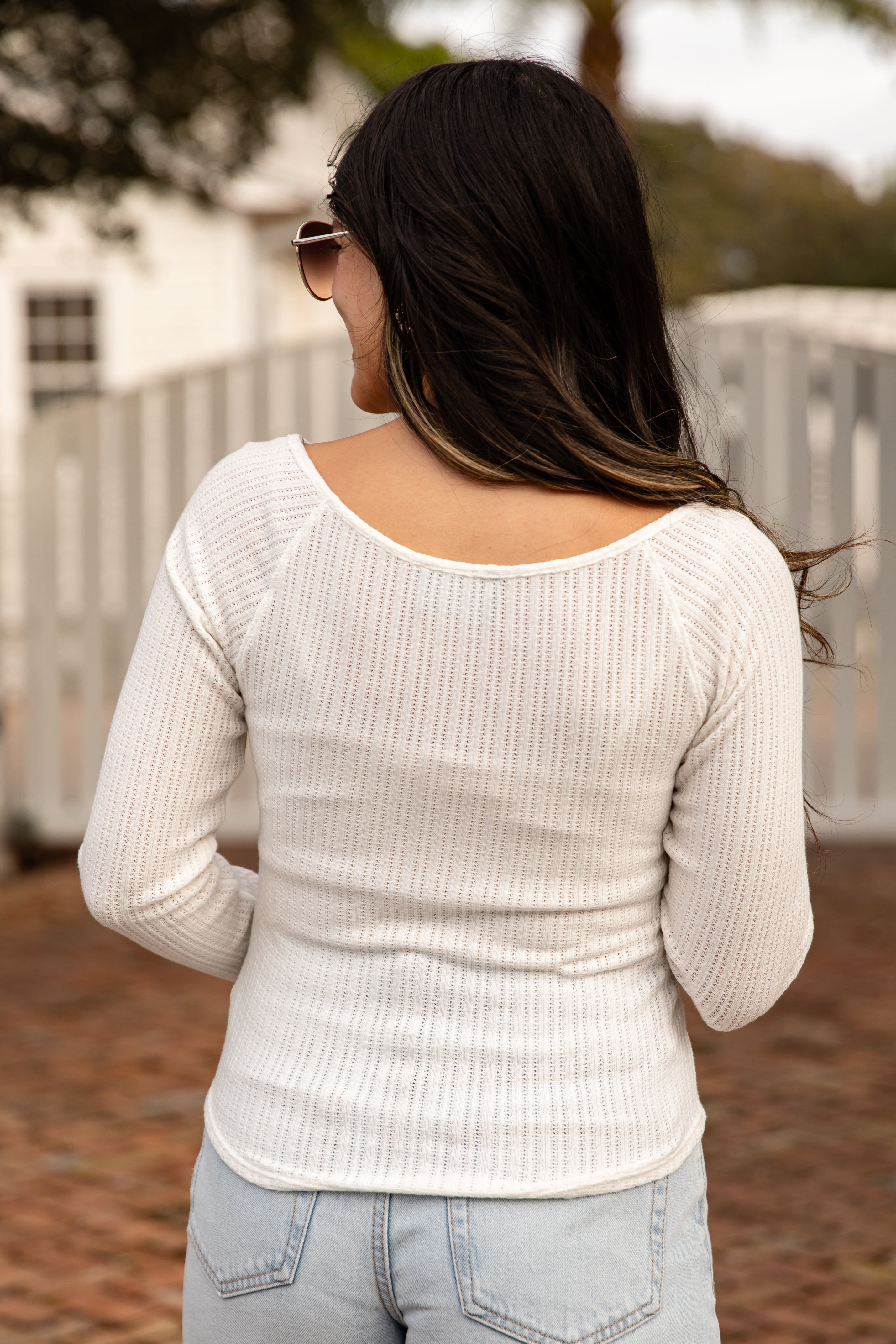 Ribbed Waffle Knit V-Neck Button Long Sleeve Crop Top