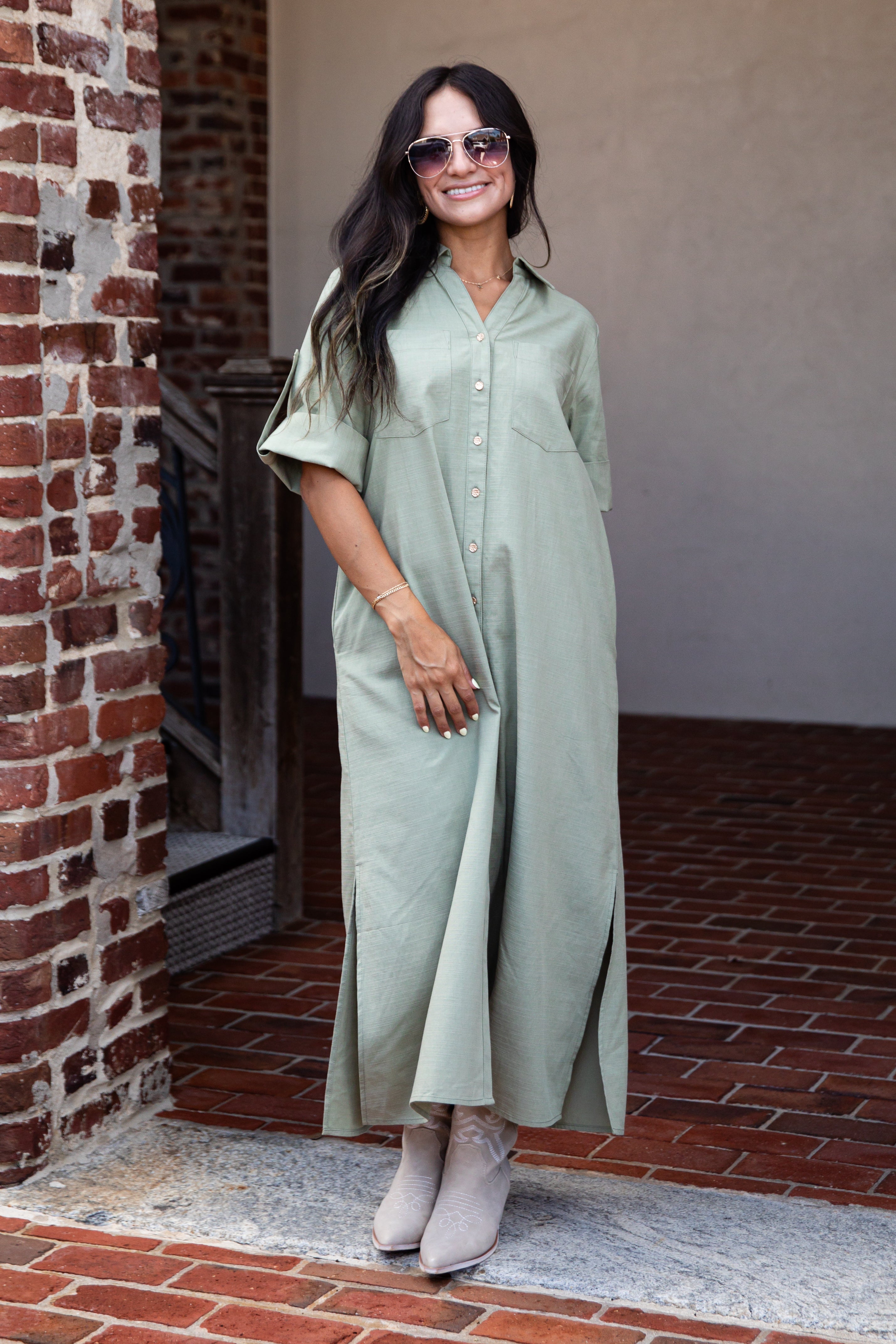Sage Button-Up Maxi Shirt Dress