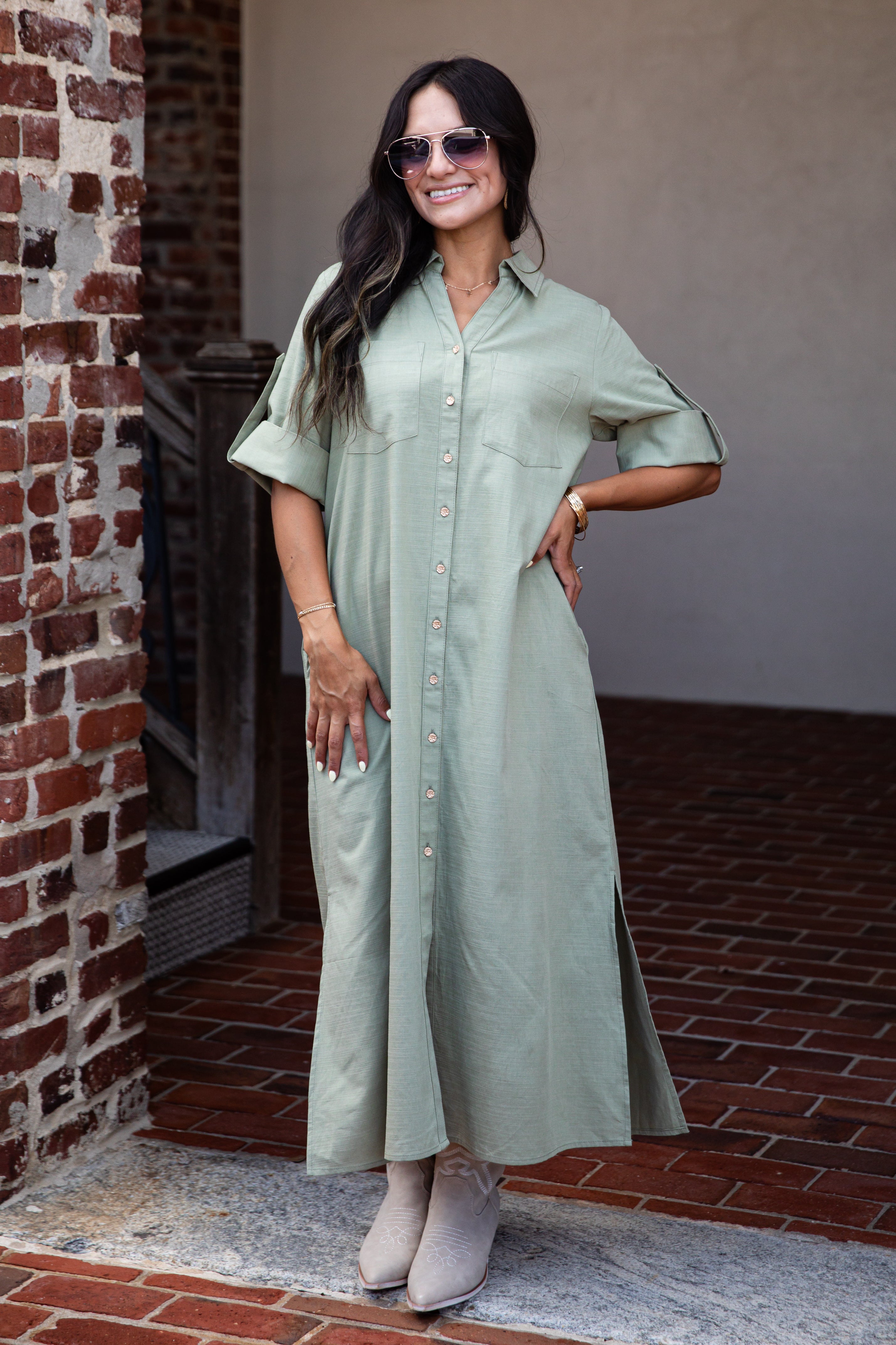 Sage Button-Up Maxi Shirt Dress