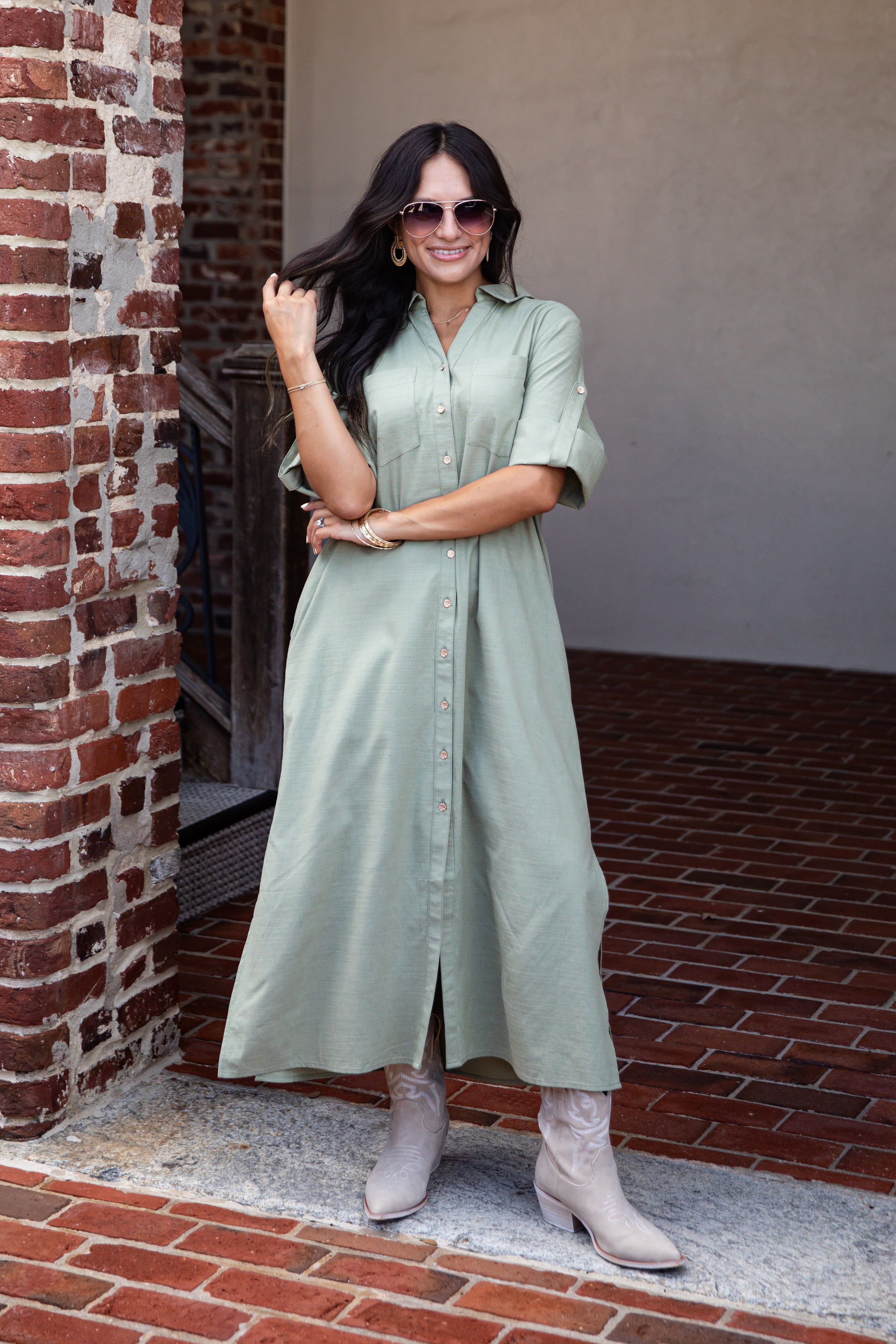Sage Button-Up Maxi Shirt Dress