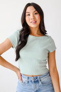 Wide Neck Short Sleeve Ribbed Crop Tee