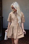 Taupe Button-Up Pleated Mini Dress