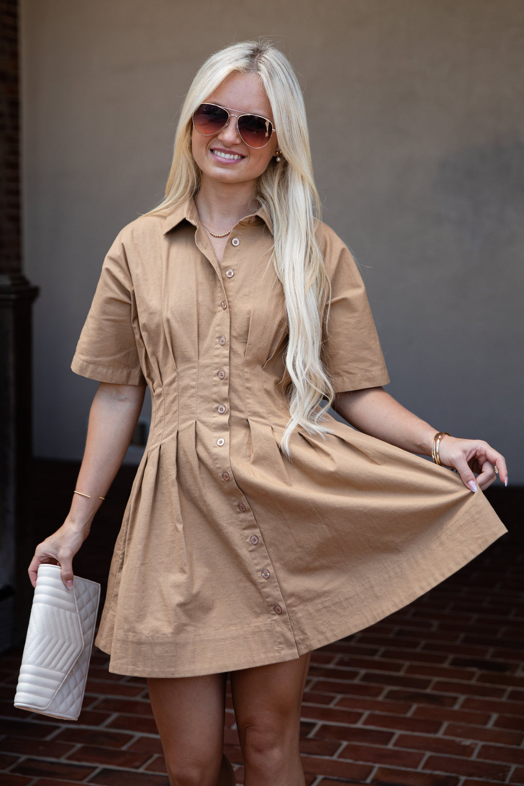 Taupe Button-Up Pleated Mini Dress