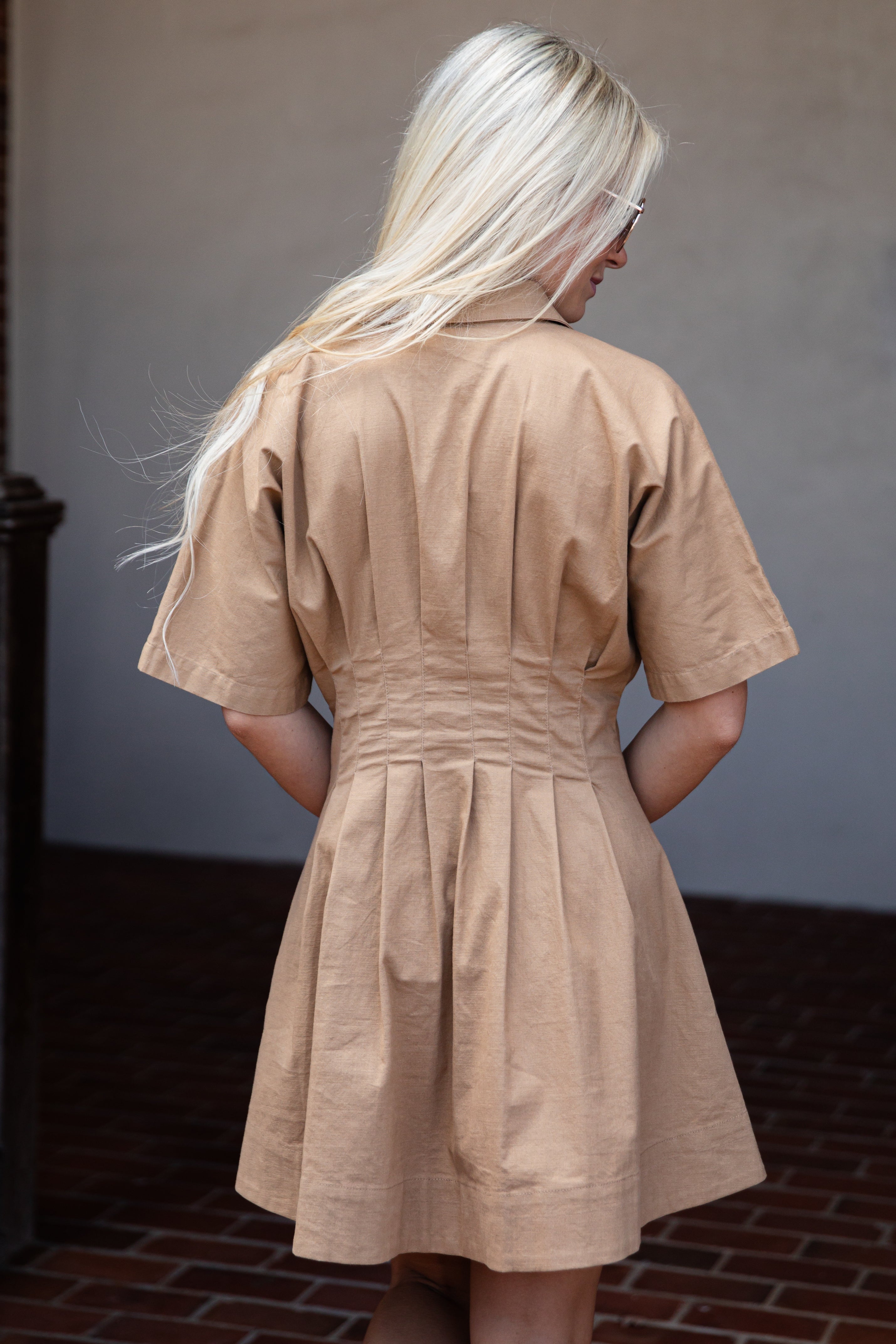 Taupe Button-Up Pleated Mini Dress