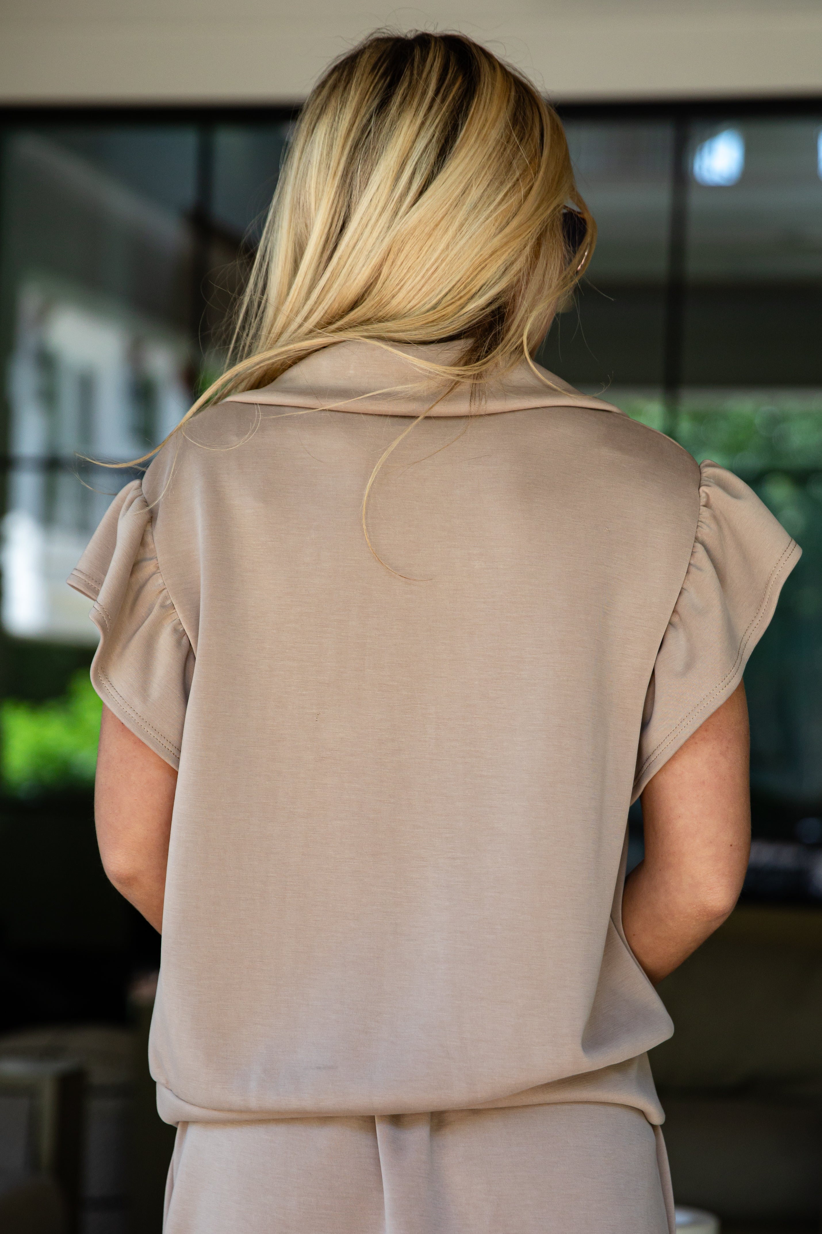 Taupe Half Zip Flutter Sleeve Knit Top