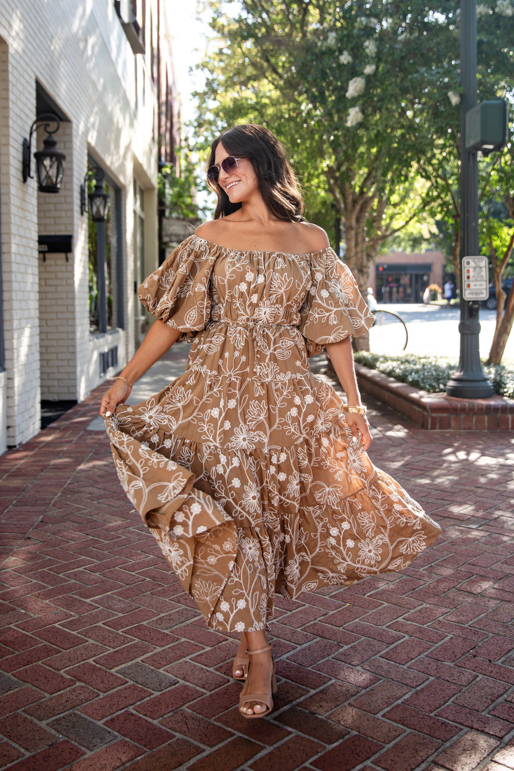 Autumn Meadow Taupe Floral Puff Sleeve Midi Dress