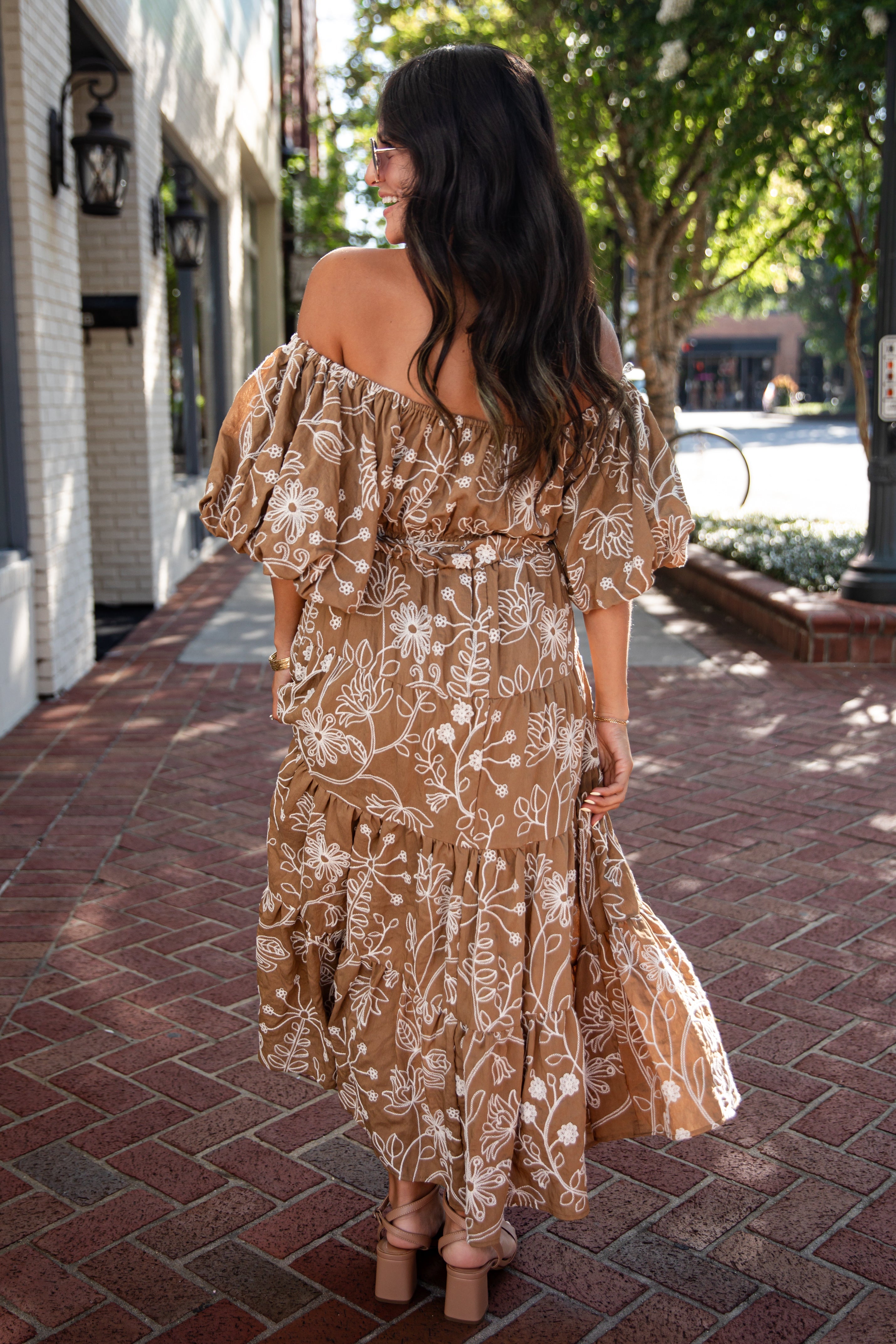 Autumn Meadow Taupe Floral Puff Sleeve Midi Dress