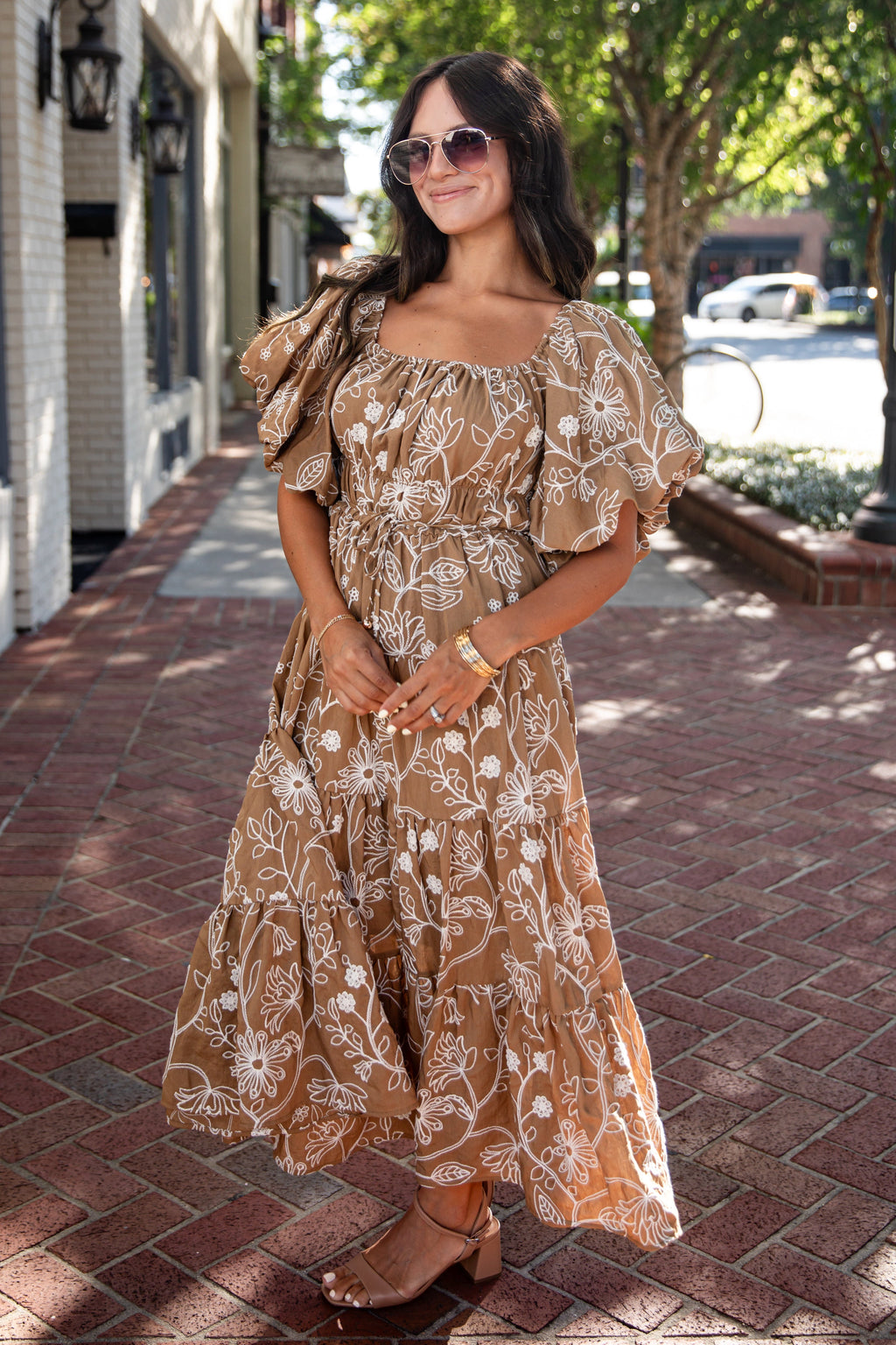 Autumn Meadow Taupe Floral Puff Sleeve Midi Dress