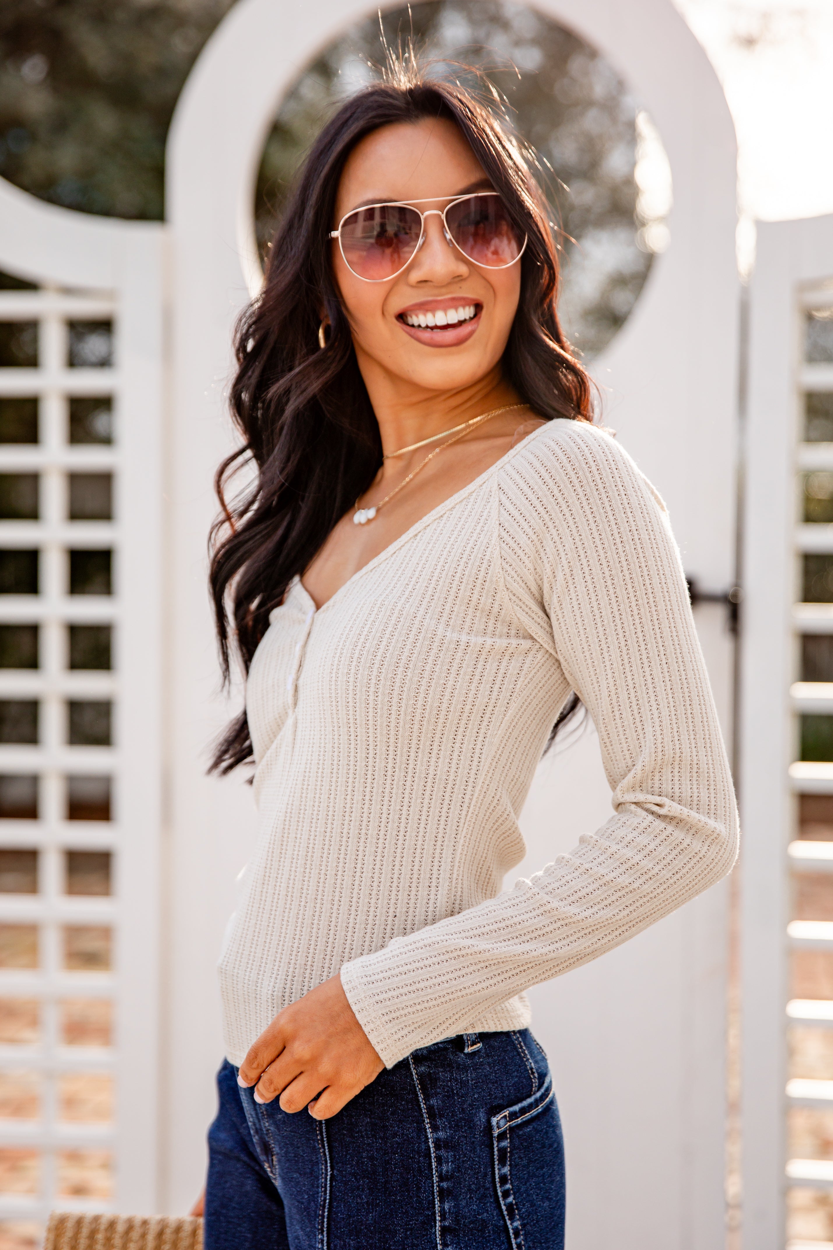 Ribbed Waffle Knit V-Neck Button Long Sleeve Crop Top