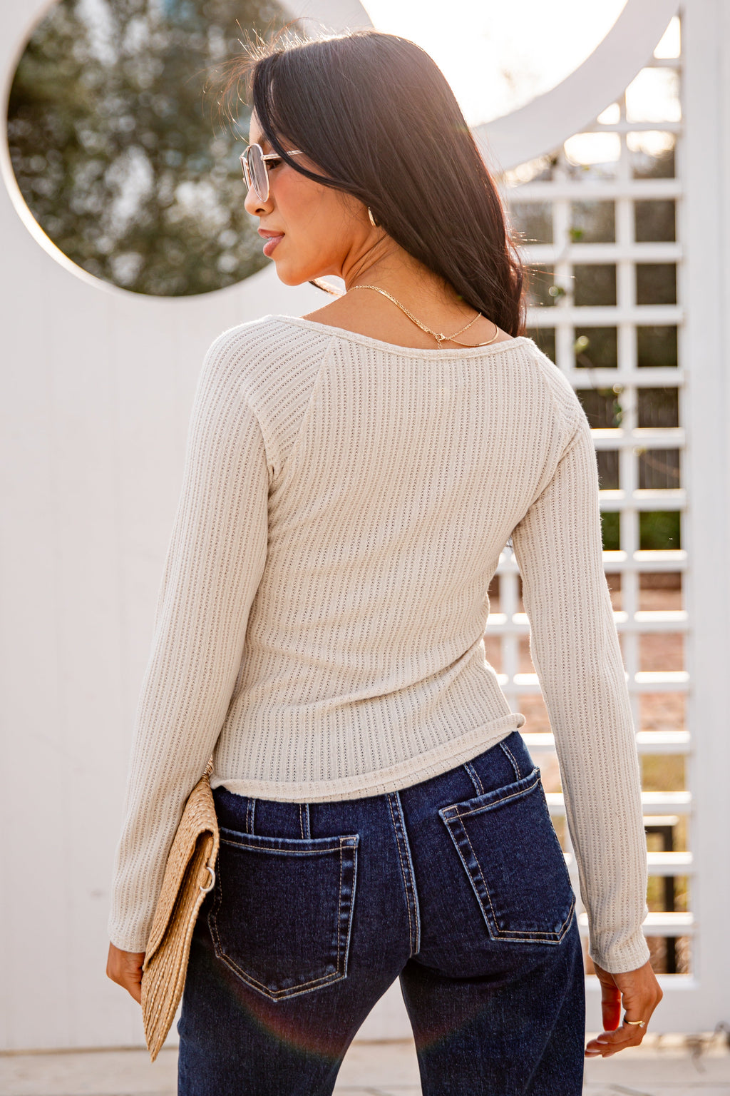 Ribbed Waffle Knit V-Neck Button Long Sleeve Crop Top