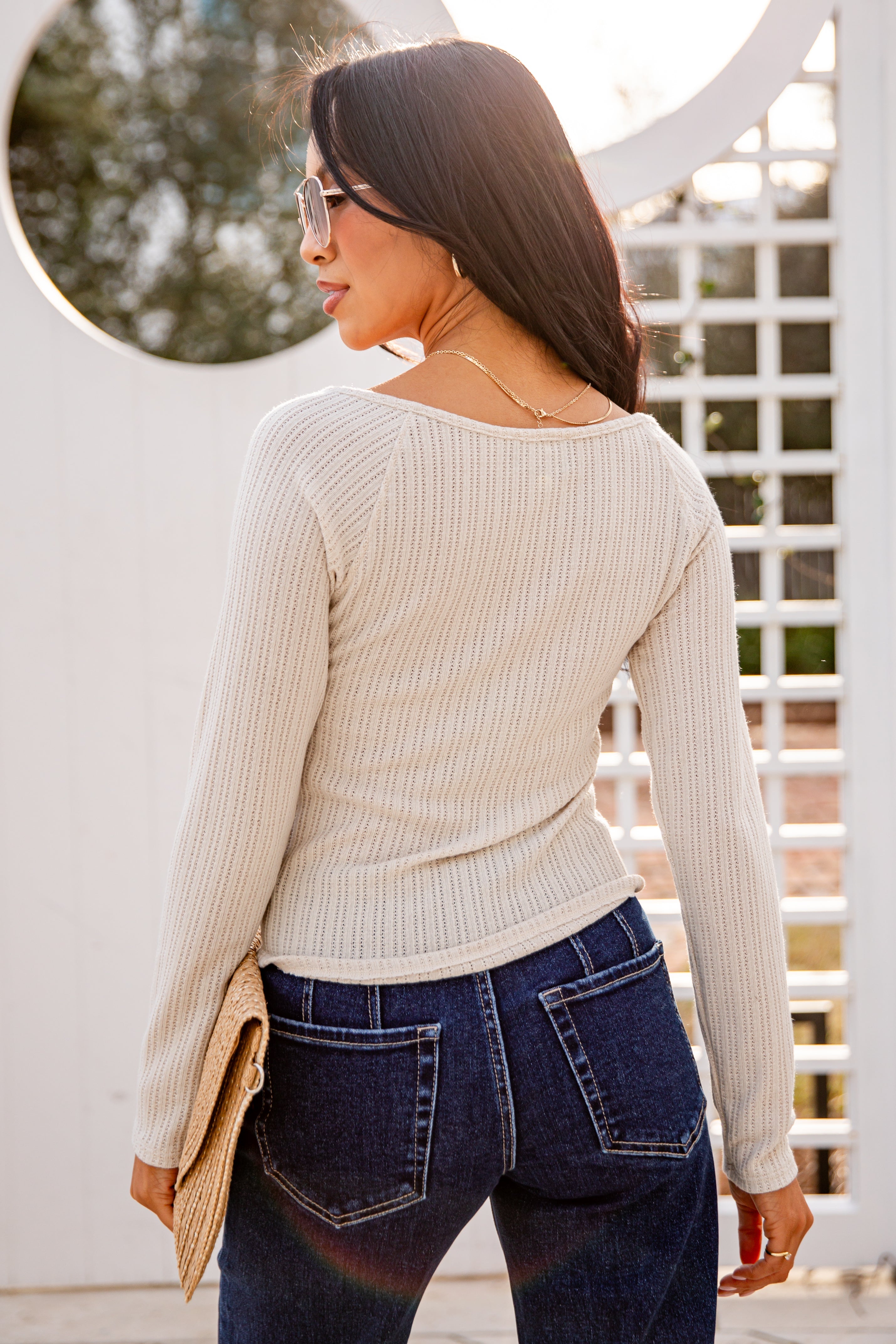 Ribbed Waffle Knit V-Neck Button Long Sleeve Crop Top