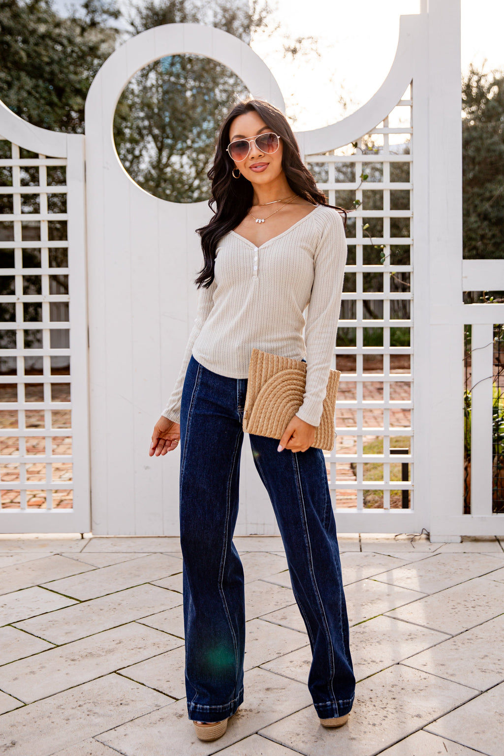 Ribbed Waffle Knit V-Neck Button Long Sleeve Crop Top