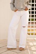 White Mid Waist Distressed Wide Leg Jeans