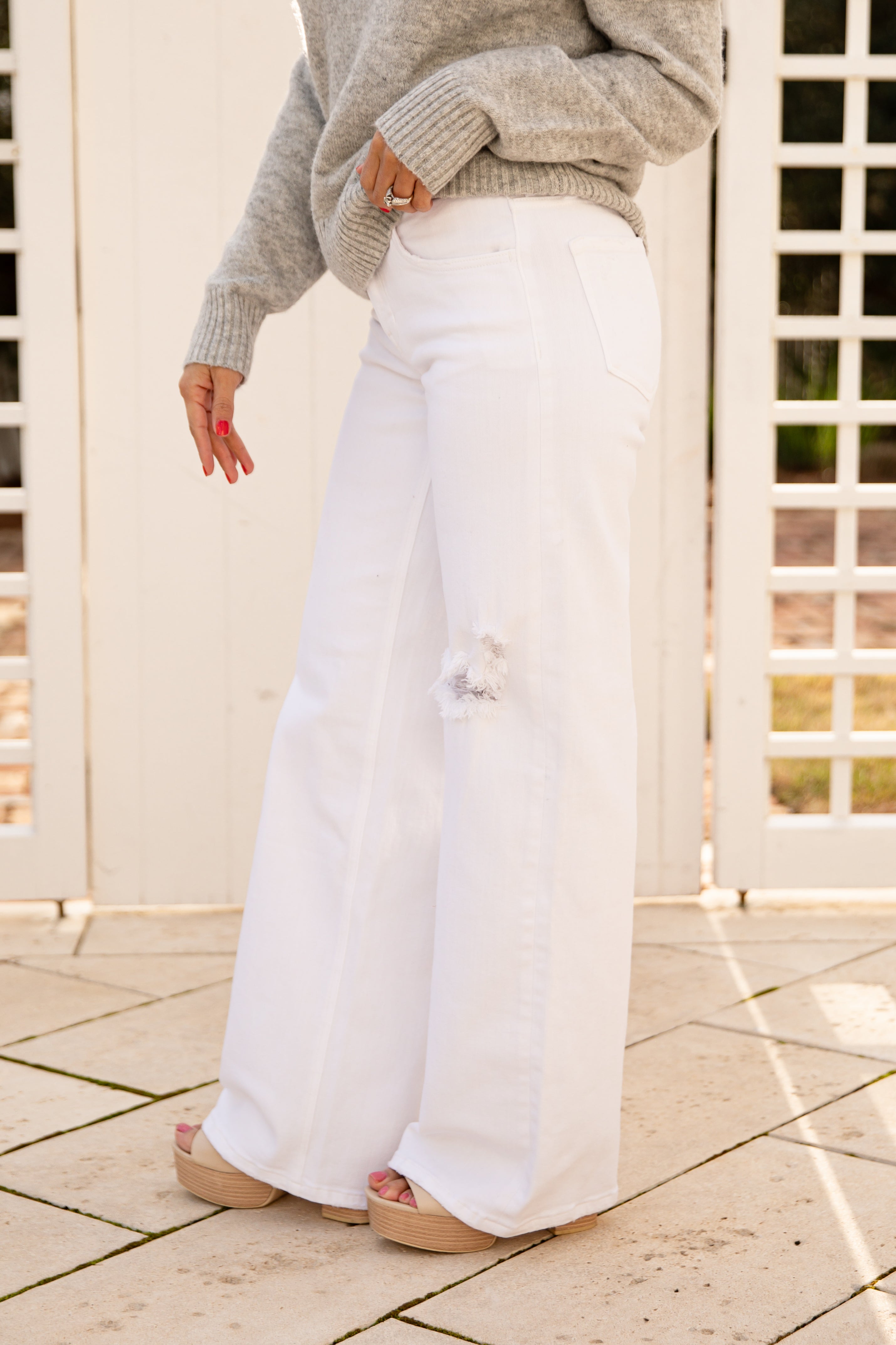 White Mid Waist Distressed Wide Leg Jeans