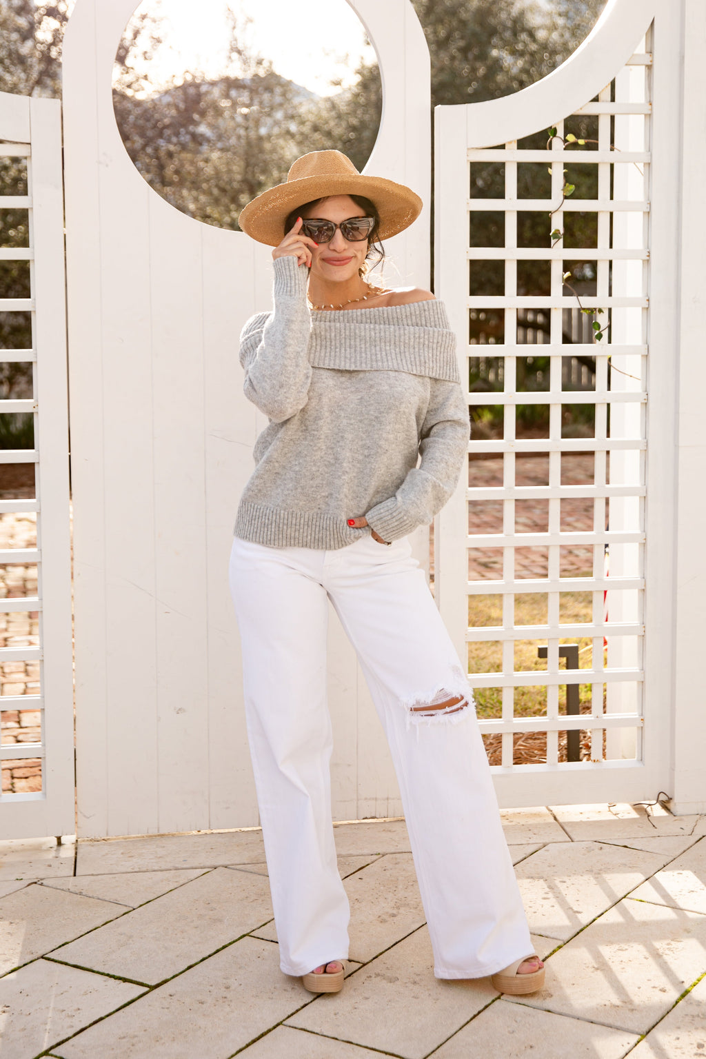 White Mid Waist Distressed Wide Leg Jeans