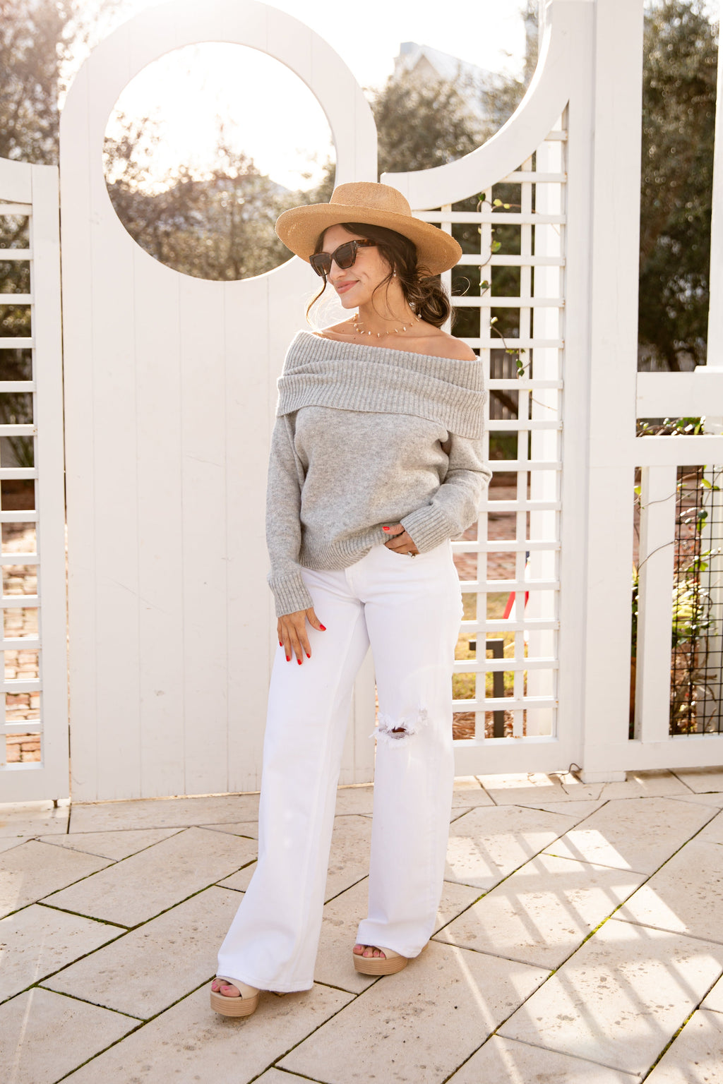 White Mid Waist Distressed Wide Leg Jeans