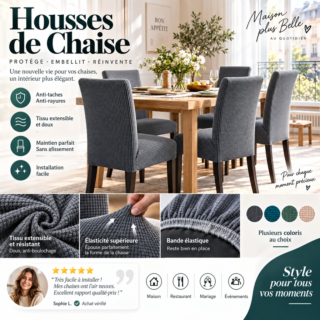 Rduction Housse de chaise extensible Ajustement parfait, anti-tache, protge et rnove vos chaises facilement