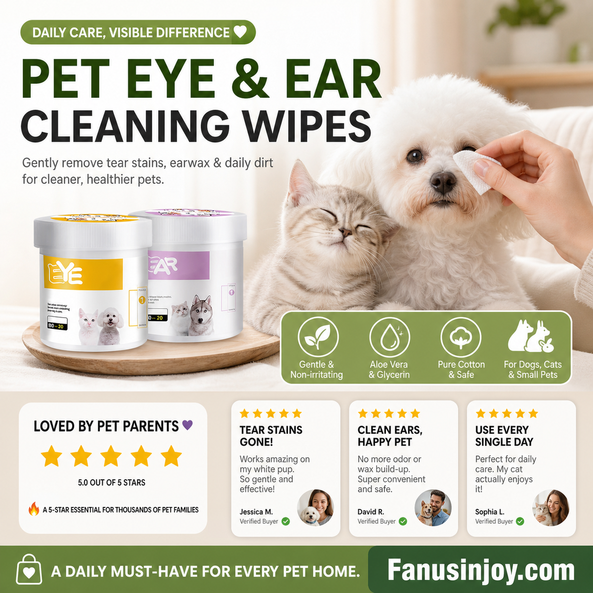 1 achet 1 offert Lingettes nettoyantes yeux et oreilles base de plantes, sans parfum, nettoie en douceur les yeux et les oreilles de votre compagnon quatre pattes