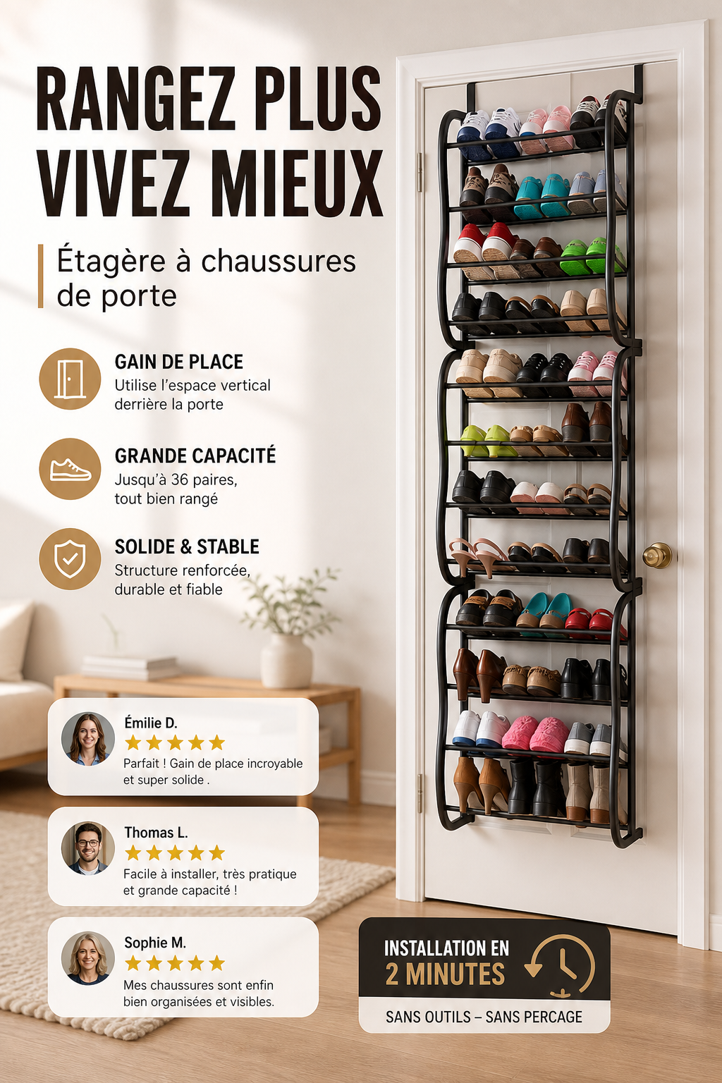 Organisateur Chaussures Suspendu Porte Jusqu' 36 Paires Mtal Robuste Stable, tagres Inclines Anti-Glissement Talons Bottes Baskets, Installation Sans Outils Secondes 3 Coloris 4-8-12 tages