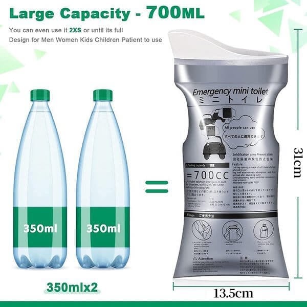 DE RDUCTION Sac portable 700 ml: tanche, anti-dversement, neutralise les odeurs. Idal pour voyages, camping, urgences. Hyginique et discret. Fini le stress en dplacement