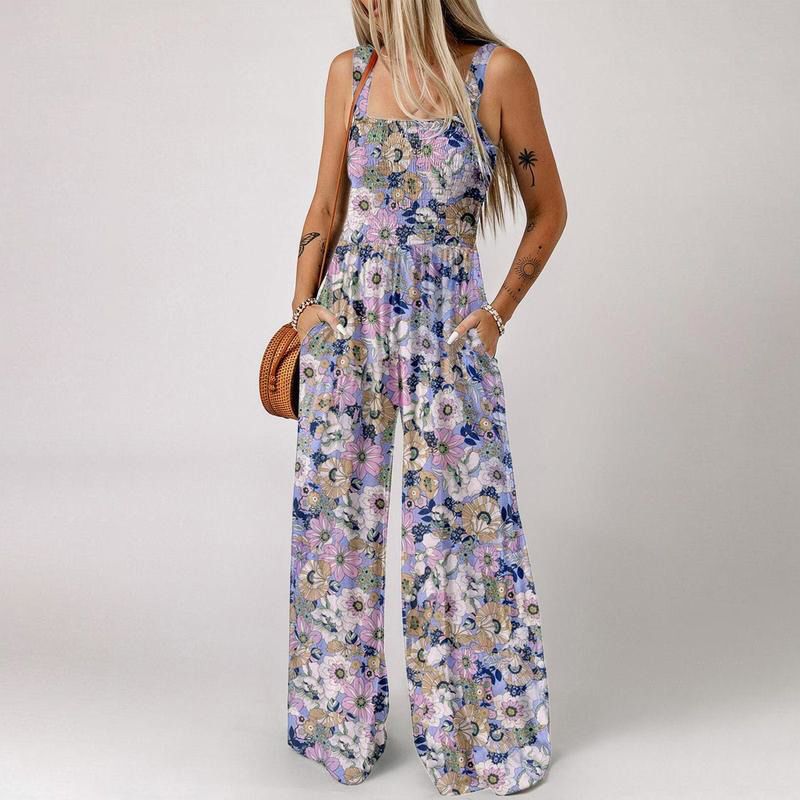 DE REDUZIERUNG Ärmelloser Damen-Jumpsuit mit Blumenmuster, gesmokter Brust und weitem Bein, sommerlich schick