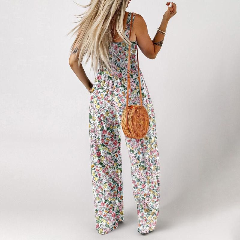 DE REDUZIERUNG Ärmelloser Damen-Jumpsuit mit Blumenmuster, gesmokter Brust und weitem Bein, sommerlich schick