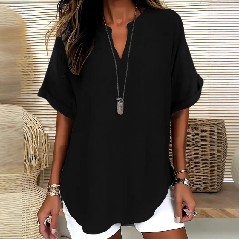 Top Ample Manches Courtes Col en V, Ourlet Asymtrique & Tissu Lger Respirant (5 Couleurs)