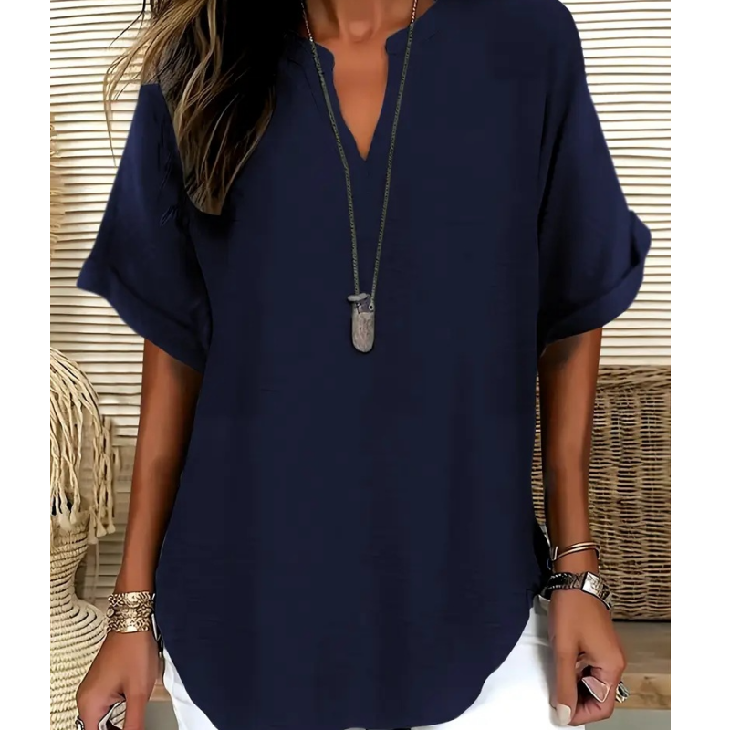 Top Ample Manches Courtes Col en V, Ourlet Asymtrique & Tissu Lger Respirant (5 Couleurs)