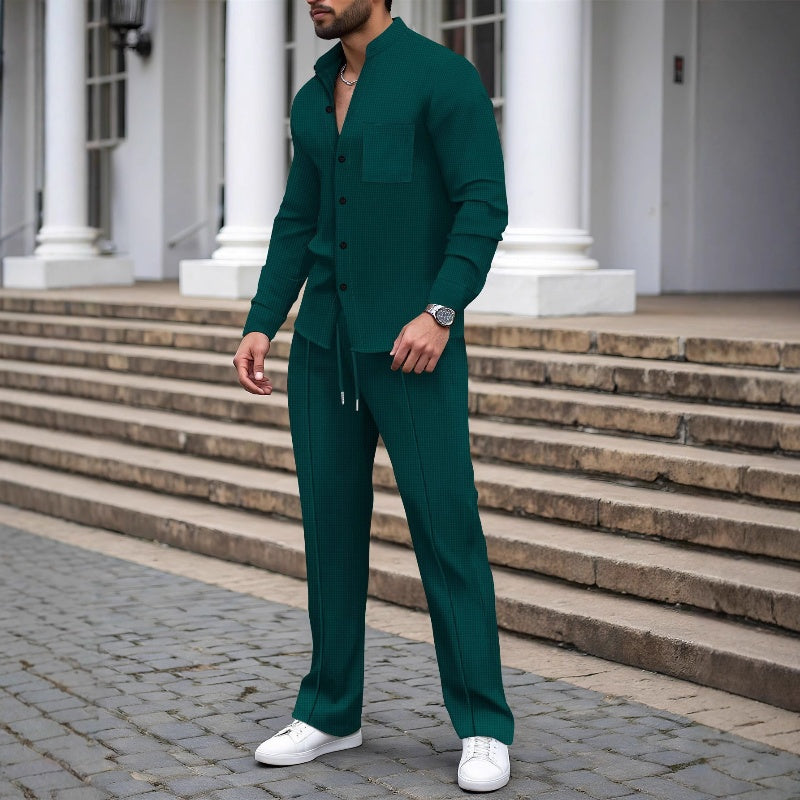 2026 Nouveaut 52 % DE RDUCTION Chemise et pantalon dcontracts en tissu gaufr pour homme, ensemble 2 pices