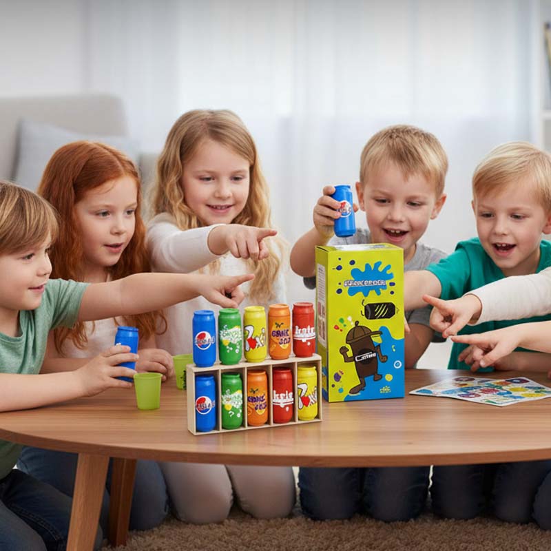 Kinderspielzeug, farblich passend zu den Flaschen