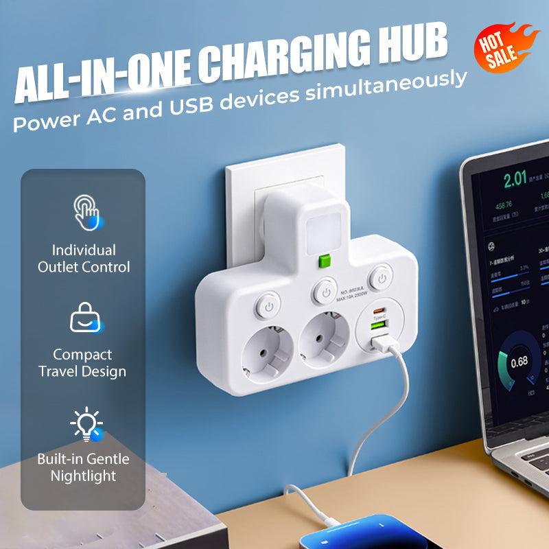 Adaptateur secteur EU avec 4 prises, prise murale multiport avec interrupteur indpendant et petit adaptateur pour veilleuse