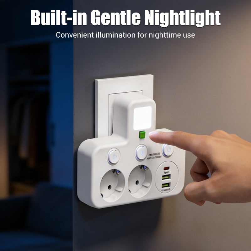 Adaptateur secteur EU avec 4 prises, prise murale multiport avec interrupteur indpendant et petit adaptateur pour veilleuse