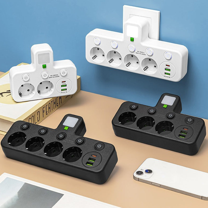Adaptateur secteur EU avec 4 prises, prise murale multiport avec interrupteur indpendant et petit adaptateur pour veilleuse