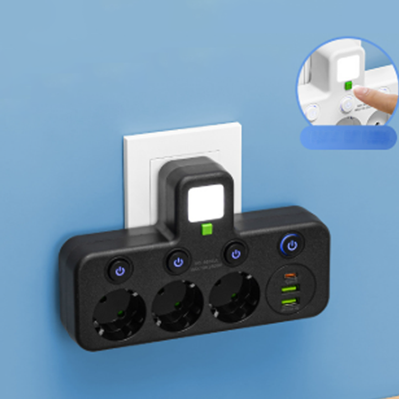 Adaptateur secteur EU avec 4 prises, prise murale multiport avec interrupteur indpendant et petit adaptateur pour veilleuse