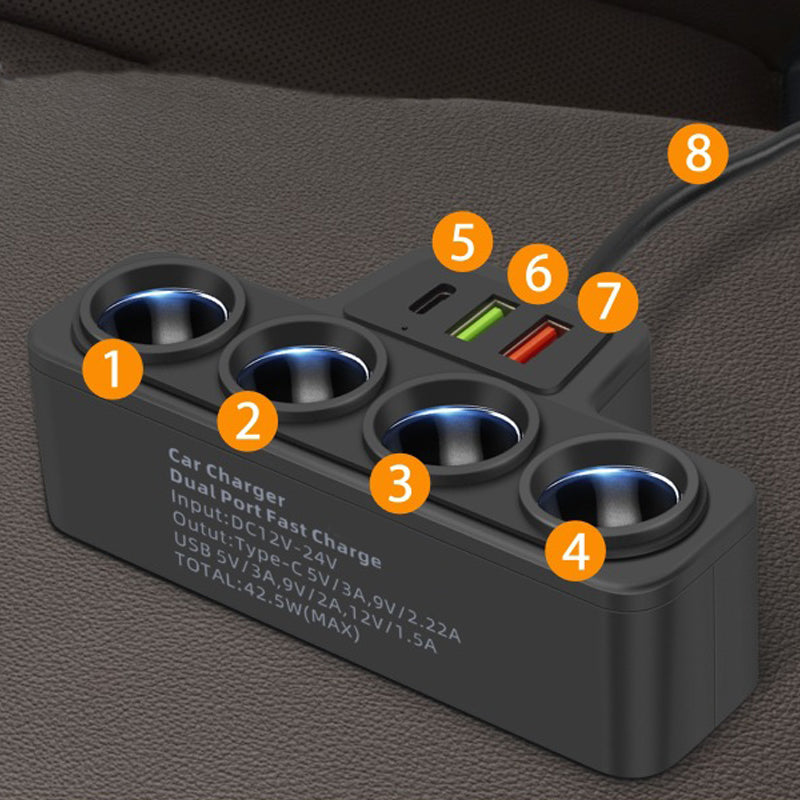 Neujahrsgeschenk 50 % RABATT 7-in-1 Zigarettenanzünder-Adapter: 4 Steckdosen + 3 Schnellladegeräte, stabil und sicher für Autos/LKWs