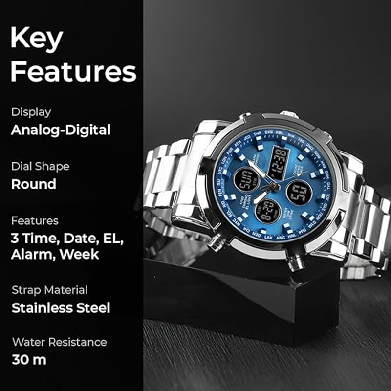 Montre militaire tanche pour homme analogique-numrique, en acier inoxydable et rsistante aux chocs