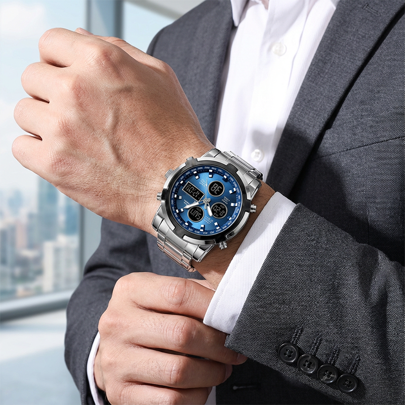 Montre militaire tanche pour homme analogique-numrique, en acier inoxydable et rsistante aux chocs