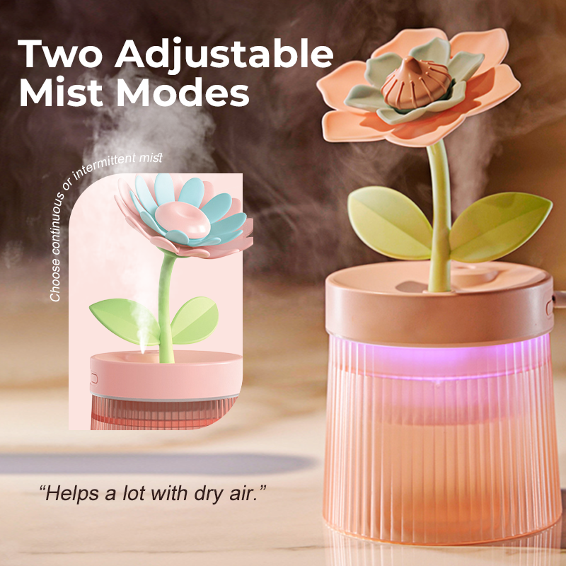 Personnalisez Votre Brume et Votre Ambiance Humidificateur Fleur avec Double Mode de Brumisation & Veilleuse 7 Couleurs