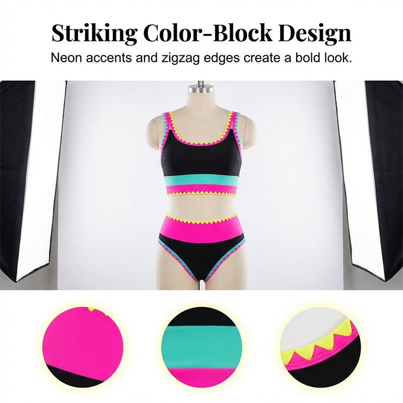 Ensemble bikini 3 pices pour femme Taille haute, motif color-block et zigzag, idal pour la plage et les vacances