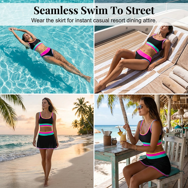Ensemble bikini 3 pices pour femme Taille haute, motif color-block et zigzag, idal pour la plage et les vacances