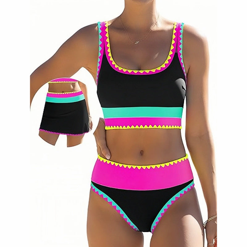 Ensemble bikini 3 pices pour femme Taille haute, motif color-block et zigzag, idal pour la plage et les vacances